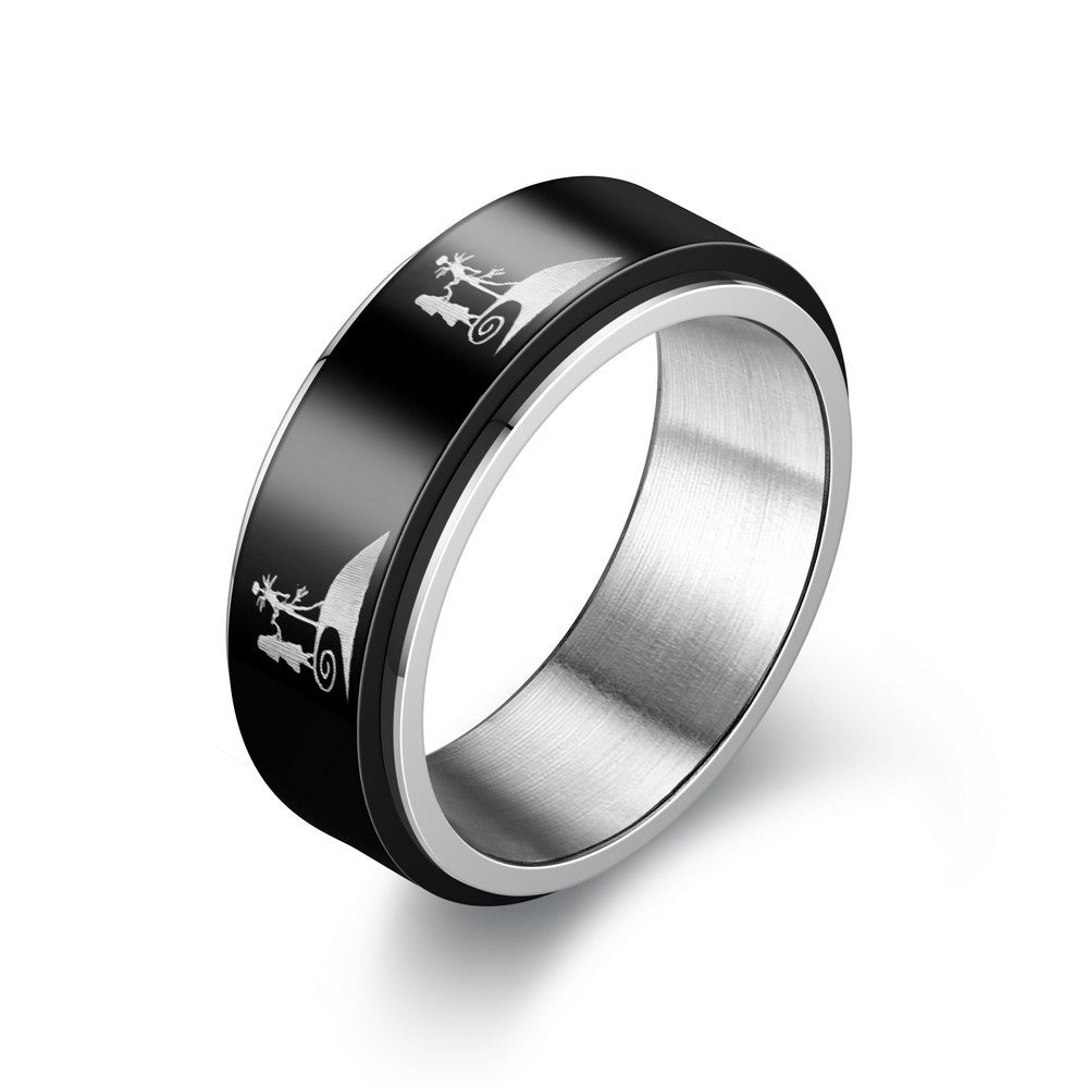 Titanium fidget ring for anxiety featuring a sleek black design with decorative elements.