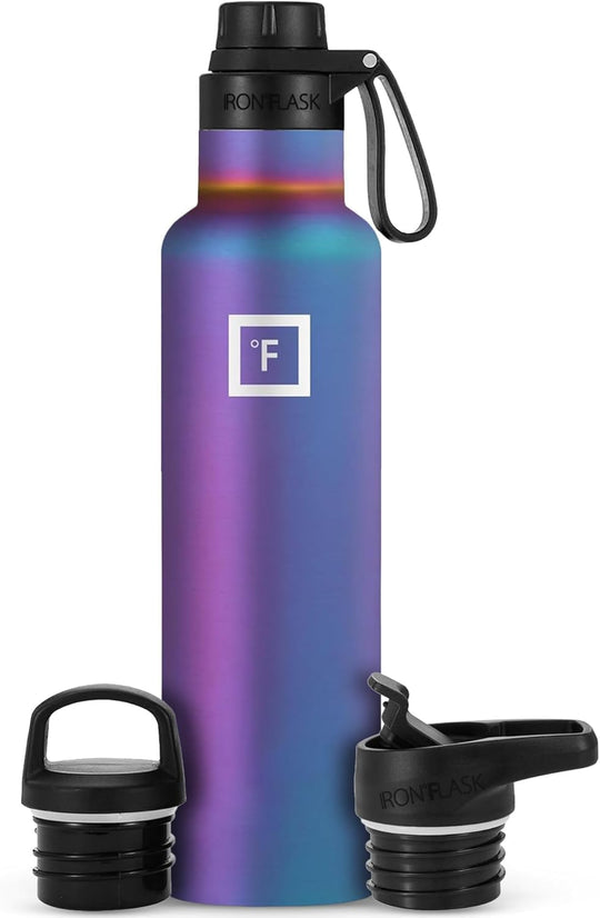 IRON °FLASK Camping &amp; Hiking Hydration Canteen - 24/32 oz with 3 Lids - Insulated Water Bottle with Straw - Double Walled Stainless Steel - Vacuum Leak Proof BPA Free - Travel Sports Gym Flask