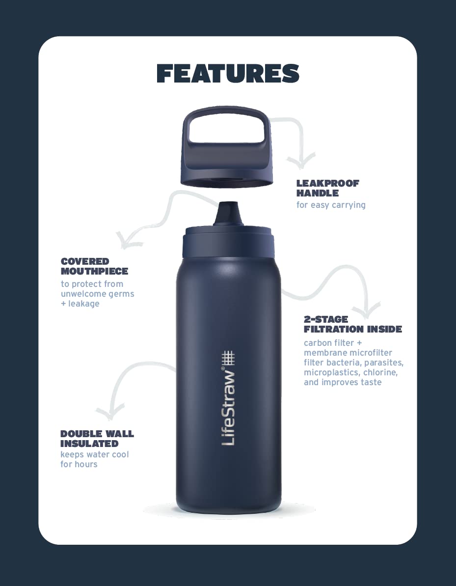 LifeStraw Go Series – Insulated Stainless Steel Water Filter Bottle for Travel and Everyday use removes Bacteria, parasites and microplastics, Improves Taste