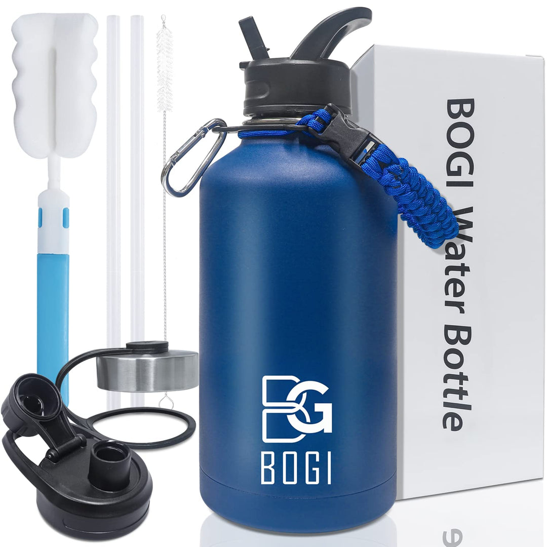 BOGI 32oz Insulated Water Bottle, Double Wall Vacuum Stainless Steel Water Bottle with Straw and 3 Lids, Sweat-Proof Wide Mouth Metal Water Bottle Keeps Hot or Cold for Sports Gym Office (Dark Red)