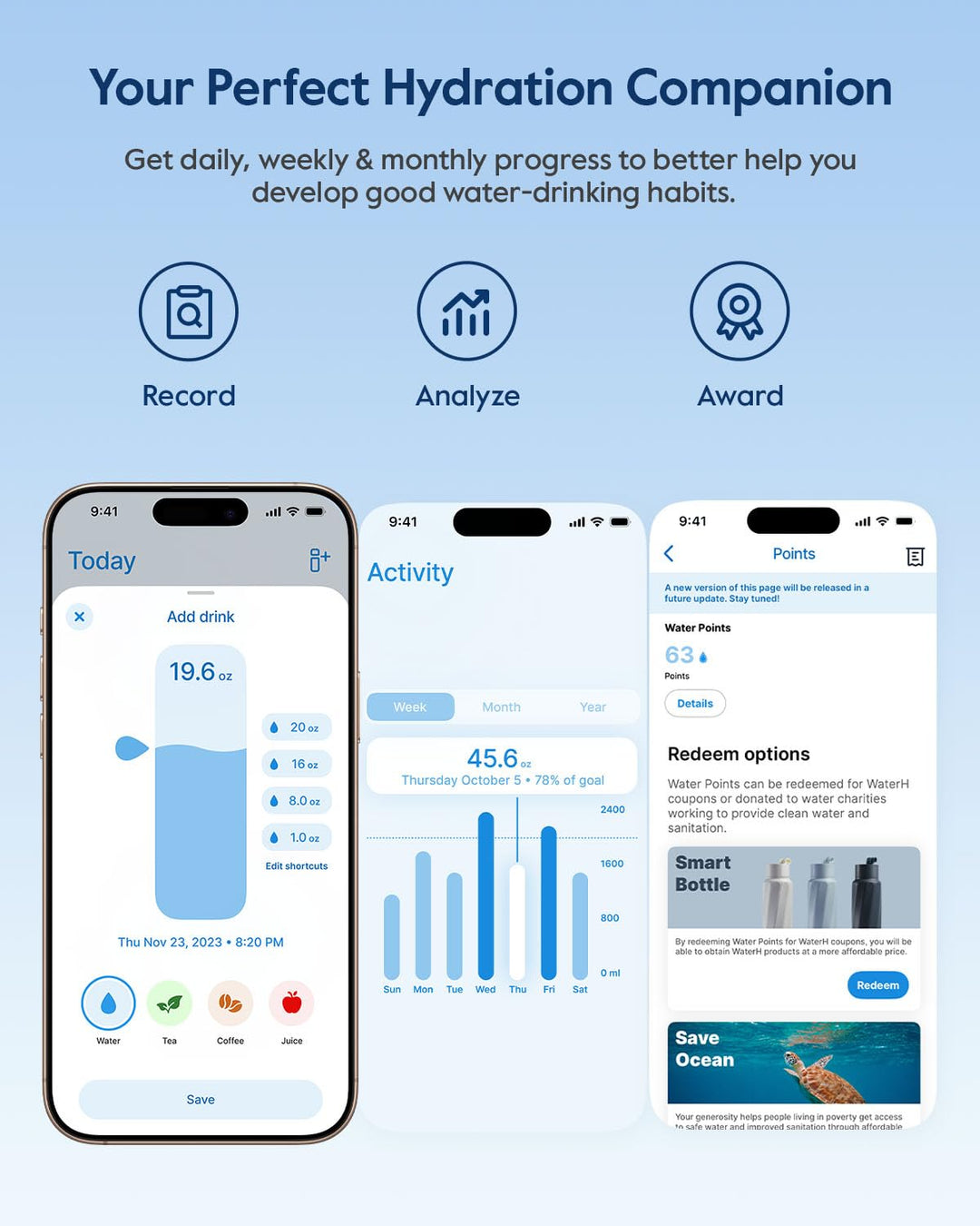 WATERH Boost Smart Water Bottle that Reminds You to Drink, BPA-Free Stainless Steel Vacuum Insulated Bottle, Wide Mouth Water Tracker Bottle with APP, Ideal for Father&