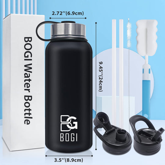 BOGI 32oz Insulated Water Bottle, Double Wall Vacuum Stainless Steel Water Bottle with Straw and 3 Lids, Sweat-Proof Wide Mouth Metal Water Bottle Keeps Hot or Cold for Sports Gym Office (Dark Red)