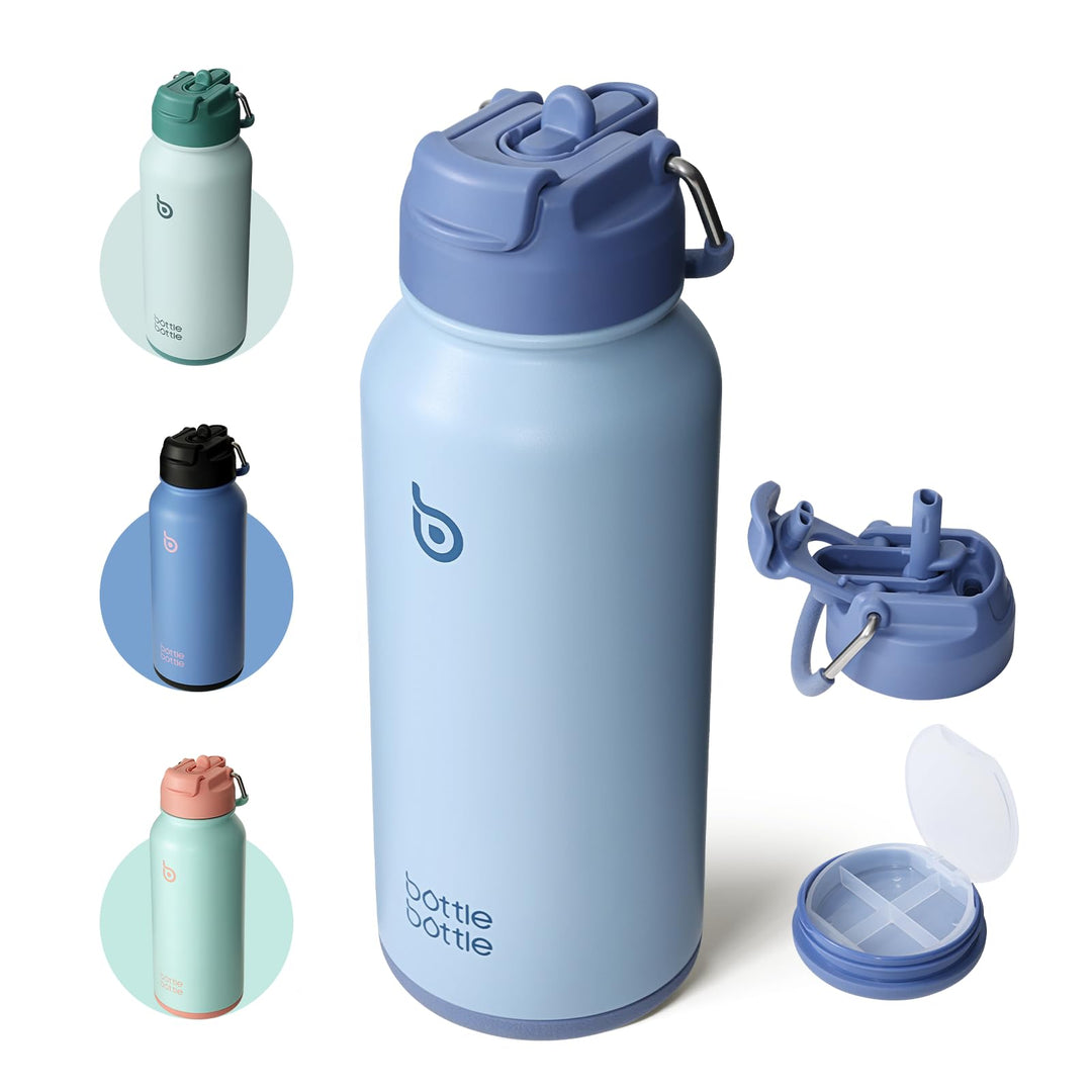 BOTTLE BOTTLE Insulated Water Bottle 950ml(32oz) Stainless Steel Sports Water Bottles with Straw Dual-use Lid Drink Flask Design for Gym with Pill Box (denim beats)