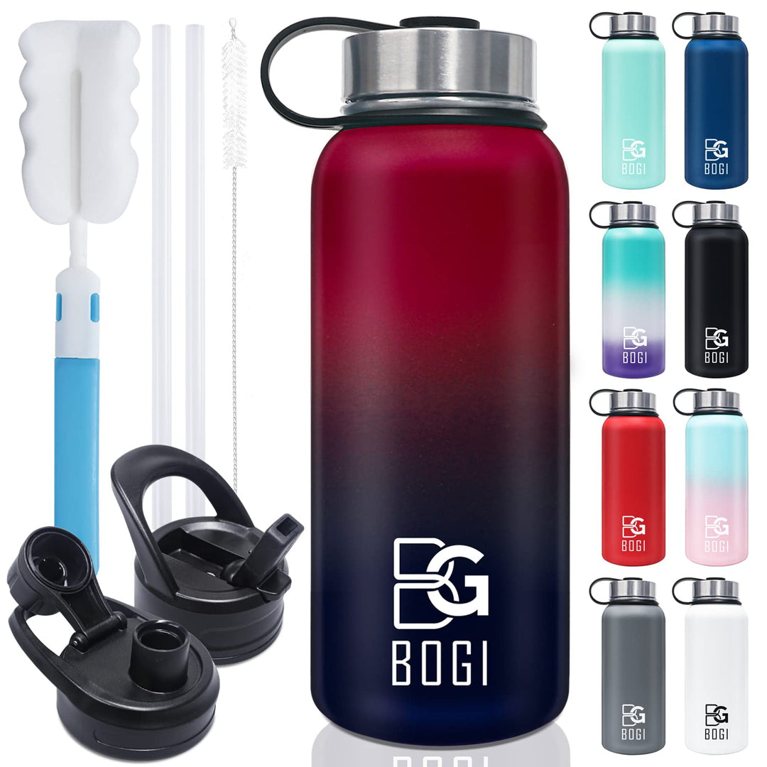BOGI 32oz Insulated Water Bottle, Double Wall Vacuum Stainless Steel Water Bottle with Straw and 3 Lids, Sweat-Proof Wide Mouth Metal Water Bottle Keeps Hot or Cold for Sports Gym Office (Dark Red)