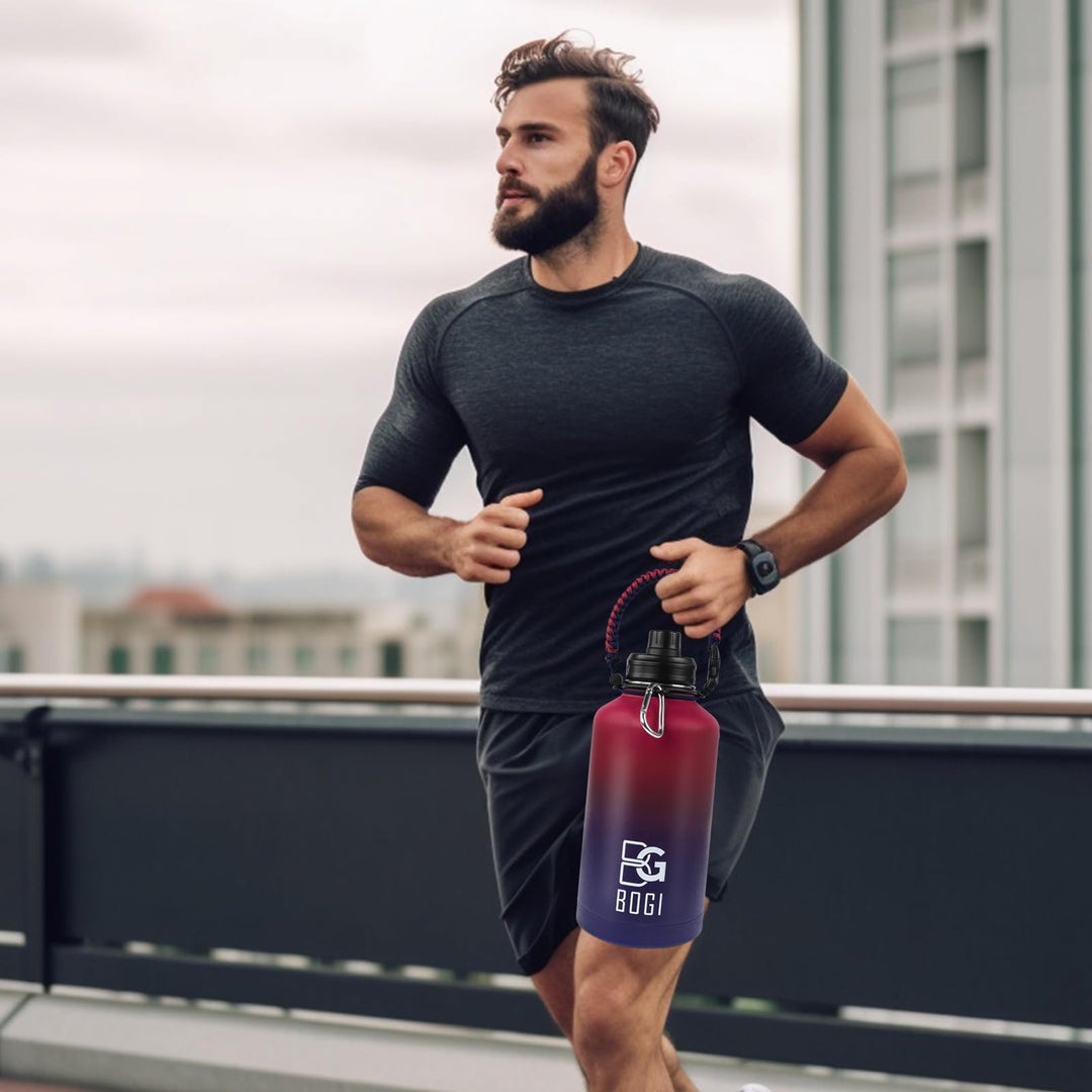 BOGI 32oz Insulated Water Bottle, Double Wall Vacuum Stainless Steel Water Bottle with Straw and 3 Lids, Sweat-Proof Wide Mouth Metal Water Bottle Keeps Hot or Cold for Sports Gym Office (Dark Red)