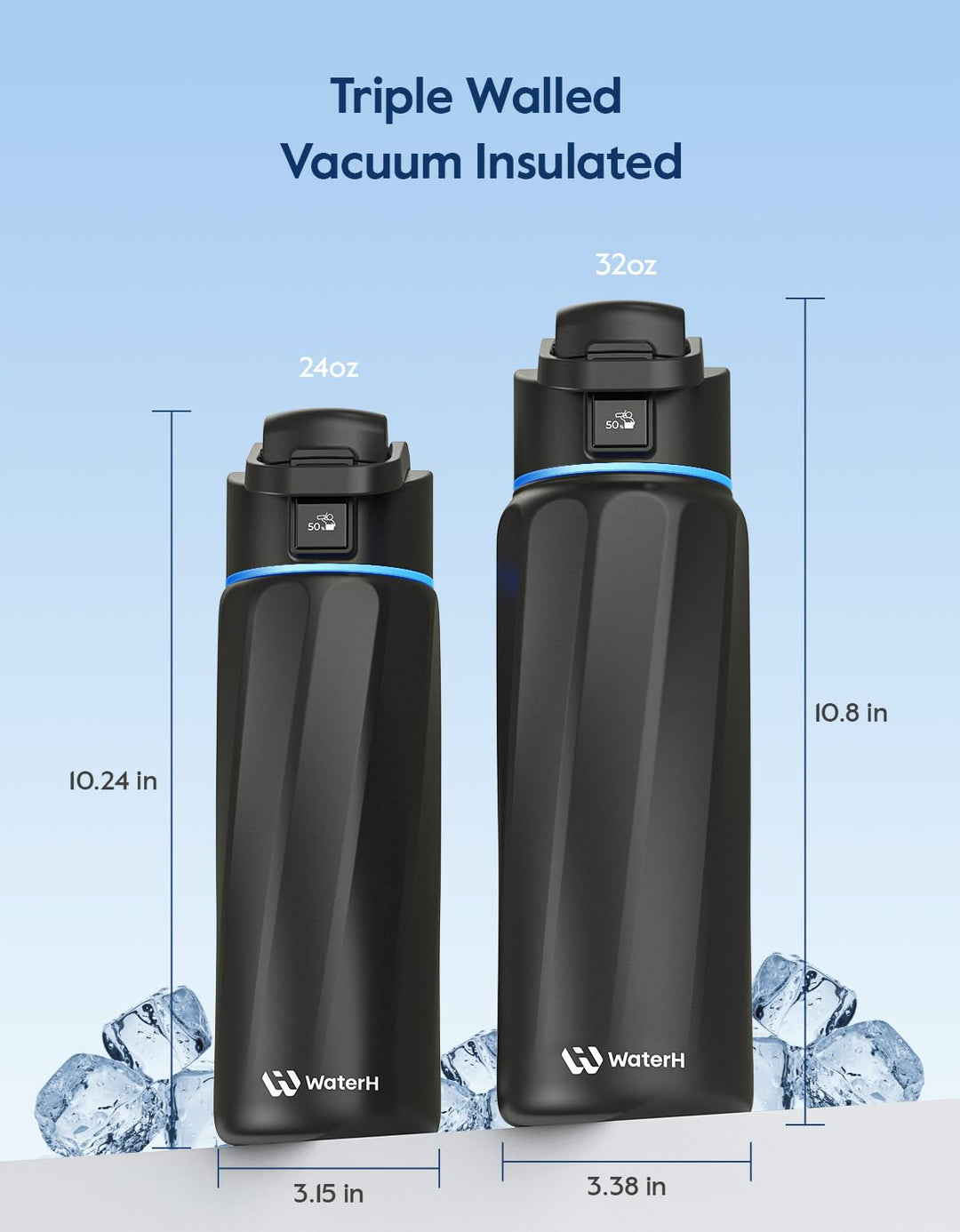 WATERH Boost Smart Water Bottle that Reminds You to Drink, BPA-Free Stainless Steel Vacuum Insulated Bottle, Wide Mouth Water Tracker Bottle with APP, Ideal for Father&