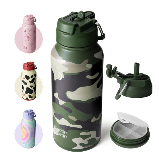 BOTTLE BOTTLE Insulated Water Bottle 950ml(32oz) Stainless Steel Sports Water Bottles with Straw Dual-use Lid Drink Flask Design for Gym with Pill Box (denim beats)