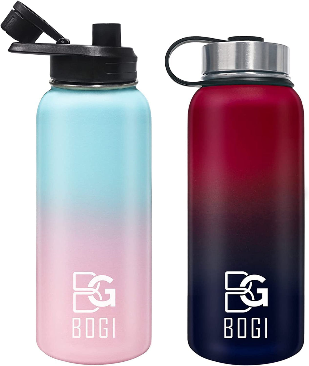 BOGI 32oz Insulated Water Bottle, Double Wall Vacuum Stainless Steel Water Bottle with Straw and 3 Lids, Sweat-Proof Wide Mouth Metal Water Bottle Keeps Hot or Cold for Sports Gym Office (Dark Red)