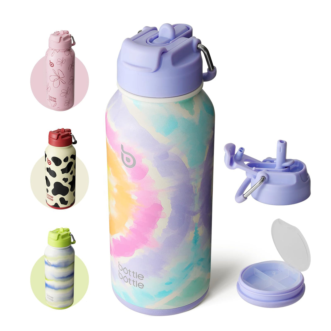 BOTTLE BOTTLE Insulated Water Bottle 950ml(32oz) Stainless Steel Sports Water Bottles with Straw Dual-use Lid Drink Flask Design for Gym with Pill Box (denim beats)