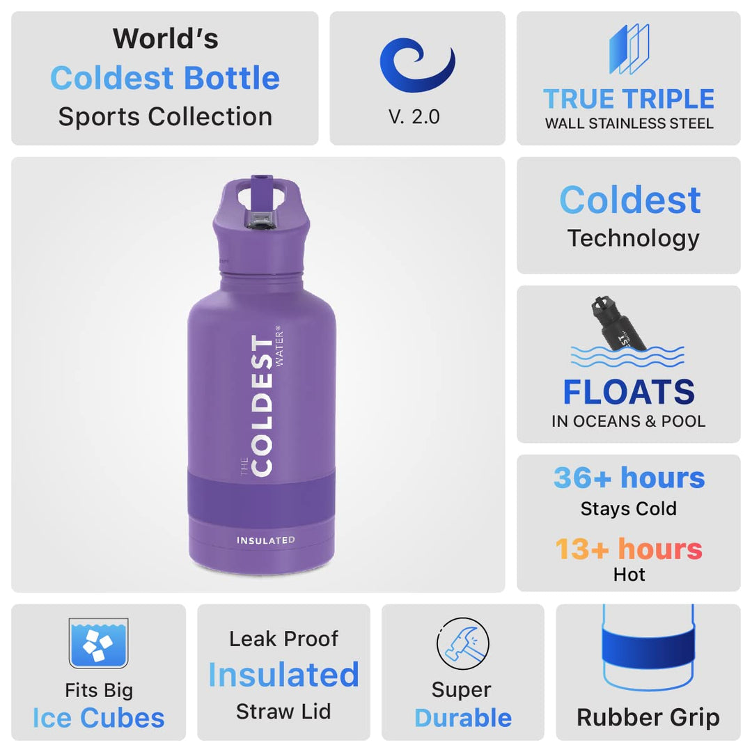 The Coldest Water COLDEST Sports Water Bottle -40 oz (Straw Lid), Leak Proof, Vacuum Insulated Stainless Steel, Hot Cold, Double Walled, Thermo Mug, Metal Canteen (40 oz, Astro Purple)