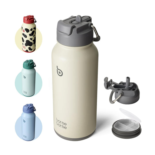 BOTTLE BOTTLE Insulated Water Bottle 950ml(32oz) Stainless Steel Sports Water Bottles with Straw Dual-use Lid Drink Flask Design for Gym with Pill Box (denim beats)