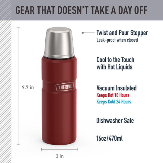Thermos Stainless King 16 Ounce Compact Bottle, Stainless Steel, Gray