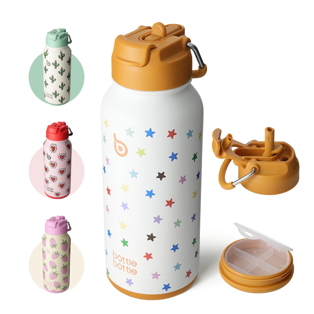 BOTTLE BOTTLE Insulated Water Bottle 950ml(32oz) Stainless Steel Sports Water Bottles with Straw Dual-use Lid Drink Flask Design for Gym with Pill Box (denim beats)