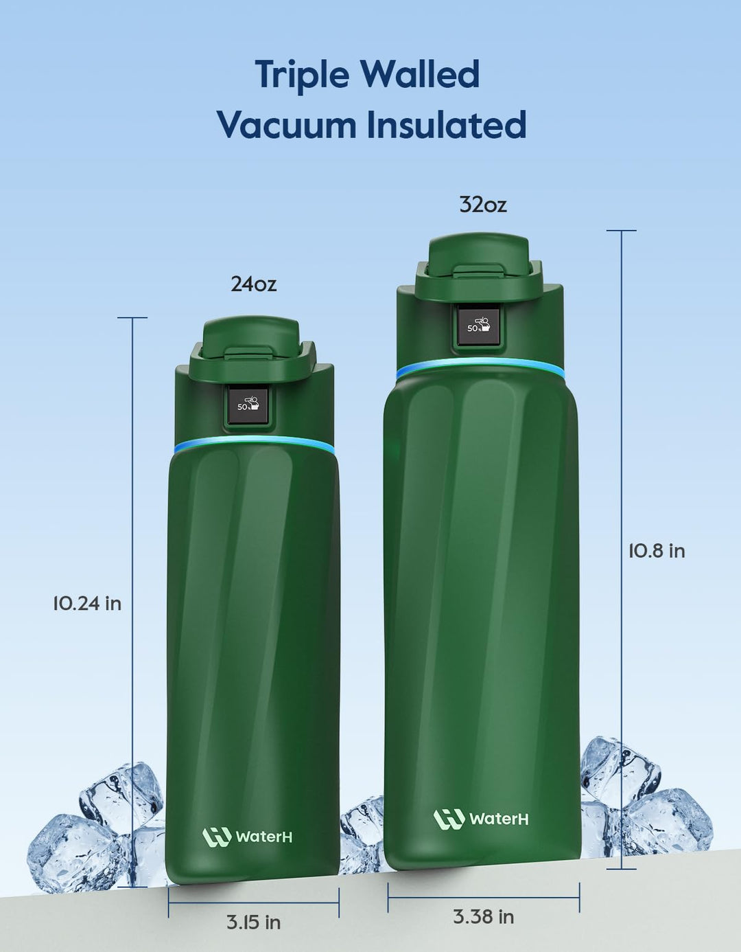 WATERH Boost Smart Water Bottle that Reminds You to Drink, BPA-Free Stainless Steel Vacuum Insulated Bottle, Wide Mouth Water Tracker Bottle with APP, Ideal for Father&