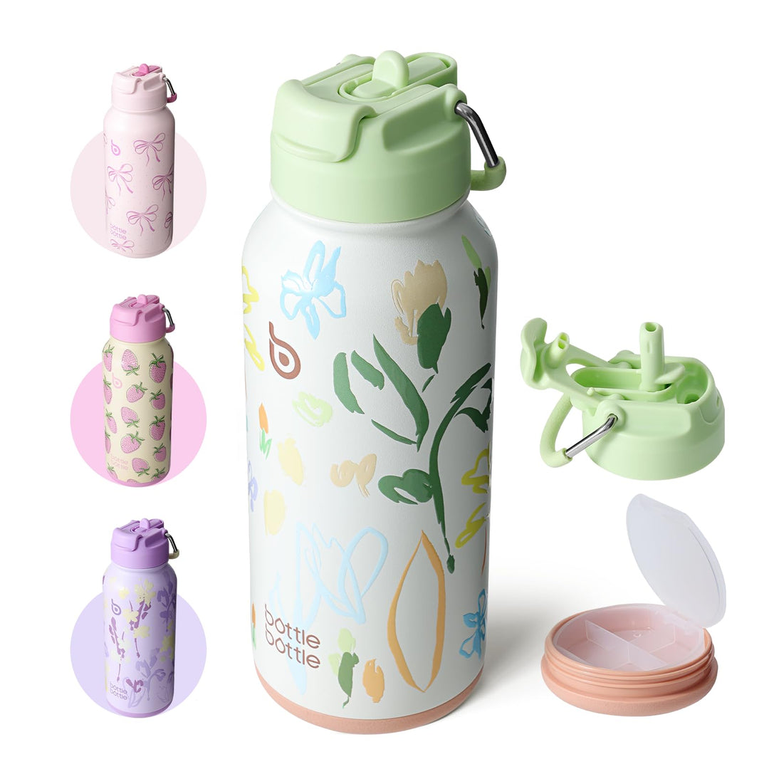 BOTTLE BOTTLE Insulated Water Bottle 950ml(32oz) Stainless Steel Sports Water Bottles with Straw Dual-use Lid Drink Flask Design for Gym with Pill Box (denim beats)