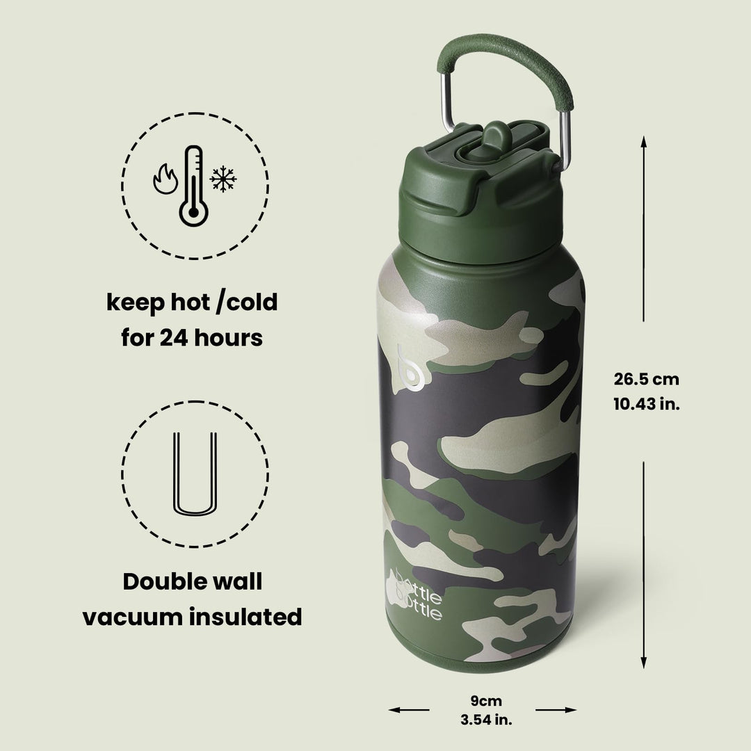 BOTTLE BOTTLE Insulated Water Bottle 950ml(32oz) Stainless Steel Sports Water Bottles with Straw Dual-use Lid Drink Flask Design for Gym with Pill Box (denim beats)