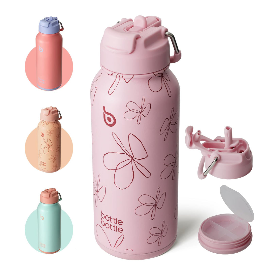 BOTTLE BOTTLE Insulated Water Bottle 950ml(32oz) Stainless Steel Sports Water Bottles with Straw Dual-use Lid Drink Flask Design for Gym with Pill Box (denim beats)