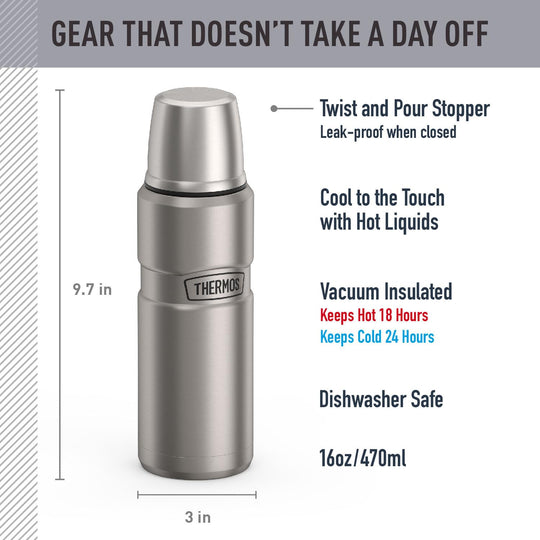 Thermos Stainless King 16 Ounce Compact Bottle, Stainless Steel, Gray