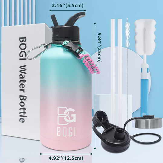 BOGI 32oz Insulated Water Bottle, Double Wall Vacuum Stainless Steel Water Bottle with Straw and 3 Lids, Sweat-Proof Wide Mouth Metal Water Bottle Keeps Hot or Cold for Sports Gym Office (Dark Red)