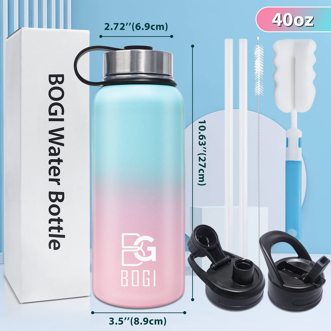 BOGI 32oz Insulated Water Bottle, Double Wall Vacuum Stainless Steel Water Bottle with Straw and 3 Lids, Sweat-Proof Wide Mouth Metal Water Bottle Keeps Hot or Cold for Sports Gym Office (Dark Red)