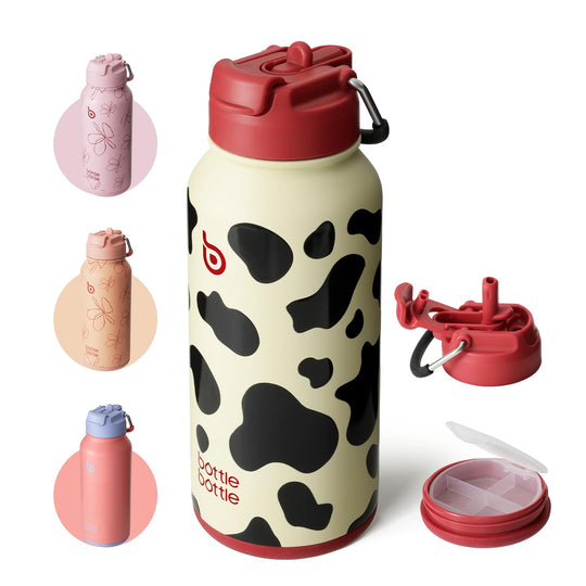 BOTTLE BOTTLE Insulated Water Bottle 950ml(32oz) Stainless Steel Sports Water Bottles with Straw Dual-use Lid Drink Flask Design for Gym with Pill Box (denim beats)