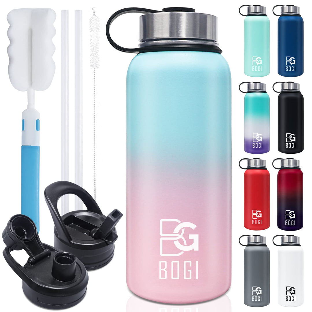 BOGI 32oz Insulated Water Bottle, Double Wall Vacuum Stainless Steel Water Bottle with Straw and 3 Lids, Sweat-Proof Wide Mouth Metal Water Bottle Keeps Hot or Cold for Sports Gym Office (Dark Red)