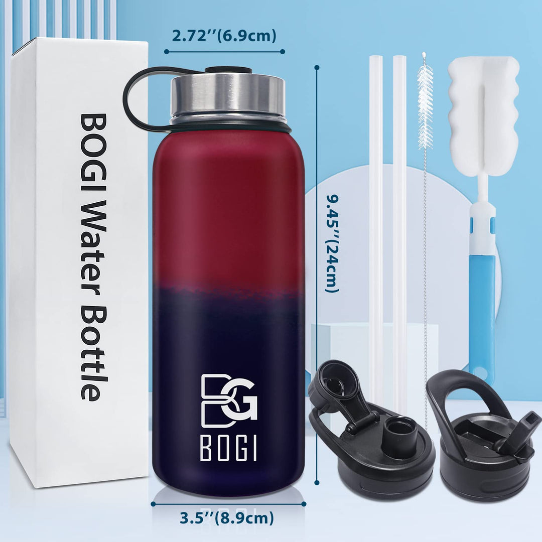BOGI 32oz Insulated Water Bottle, Double Wall Vacuum Stainless Steel Water Bottle with Straw and 3 Lids, Sweat-Proof Wide Mouth Metal Water Bottle Keeps Hot or Cold for Sports Gym Office (Dark Red)
