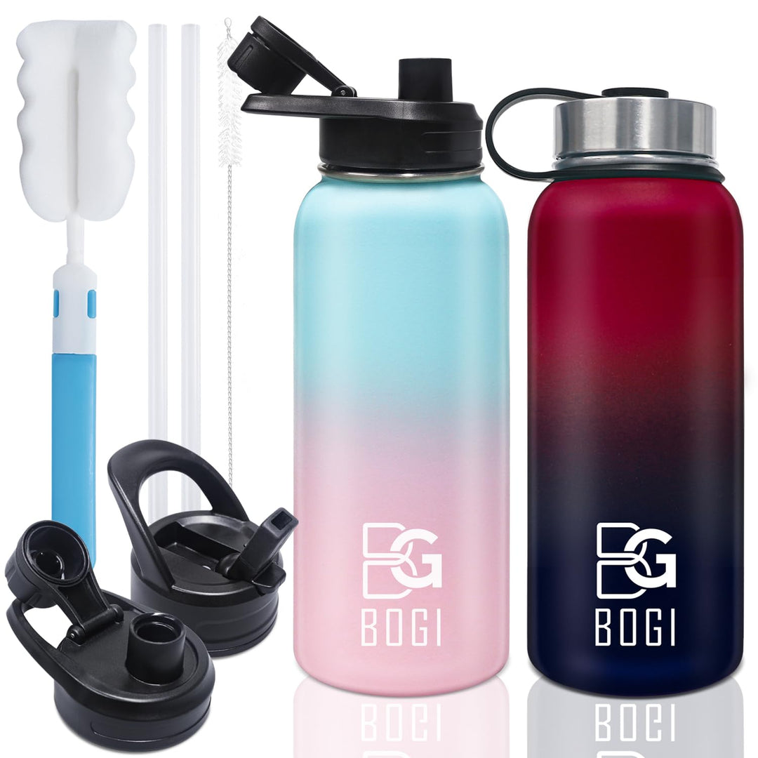 BOGI 32oz Insulated Water Bottle, Double Wall Vacuum Stainless Steel Water Bottle with Straw and 3 Lids, Sweat-Proof Wide Mouth Metal Water Bottle Keeps Hot or Cold for Sports Gym Office (Dark Red)