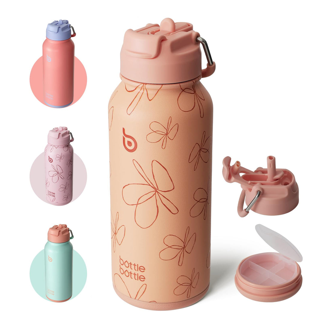 BOTTLE BOTTLE Insulated Water Bottle 950ml(32oz) Stainless Steel Sports Water Bottles with Straw Dual-use Lid Drink Flask Design for Gym with Pill Box (denim beats)