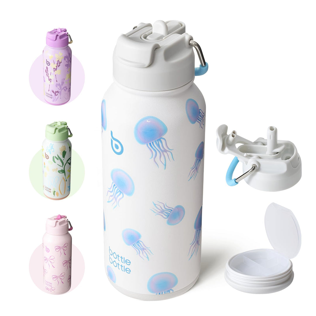 BOTTLE BOTTLE Insulated Water Bottle 950ml(32oz) Stainless Steel Sports Water Bottles with Straw Dual-use Lid Drink Flask Design for Gym with Pill Box (denim beats)
