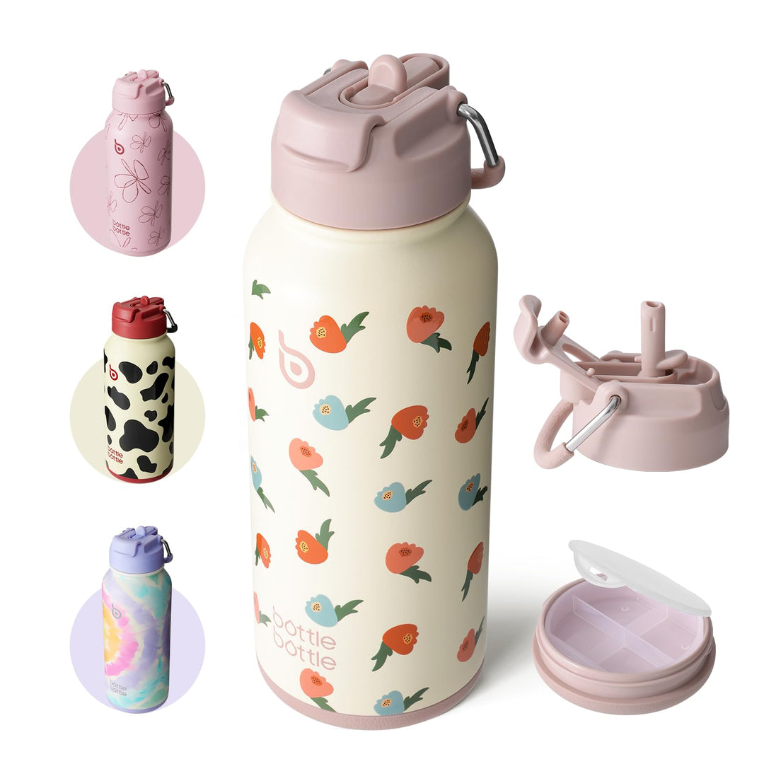 BOTTLE BOTTLE Insulated Water Bottle 950ml(32oz) Stainless Steel Sports Water Bottles with Straw Dual-use Lid Drink Flask Design for Gym with Pill Box (denim beats)