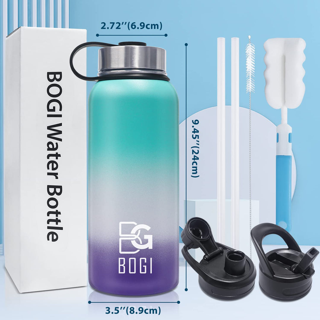 BOGI 32oz Insulated Water Bottle, Double Wall Vacuum Stainless Steel Water Bottle with Straw and 3 Lids, Sweat-Proof Wide Mouth Metal Water Bottle Keeps Hot or Cold for Sports Gym Office (Dark Red)