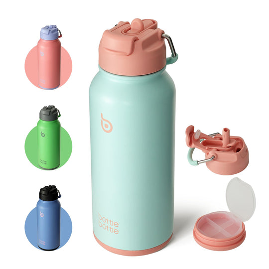 BOTTLE BOTTLE Insulated Water Bottle 950ml(32oz) Stainless Steel Sports Water Bottles with Straw Dual-use Lid Drink Flask Design for Gym with Pill Box (denim beats)