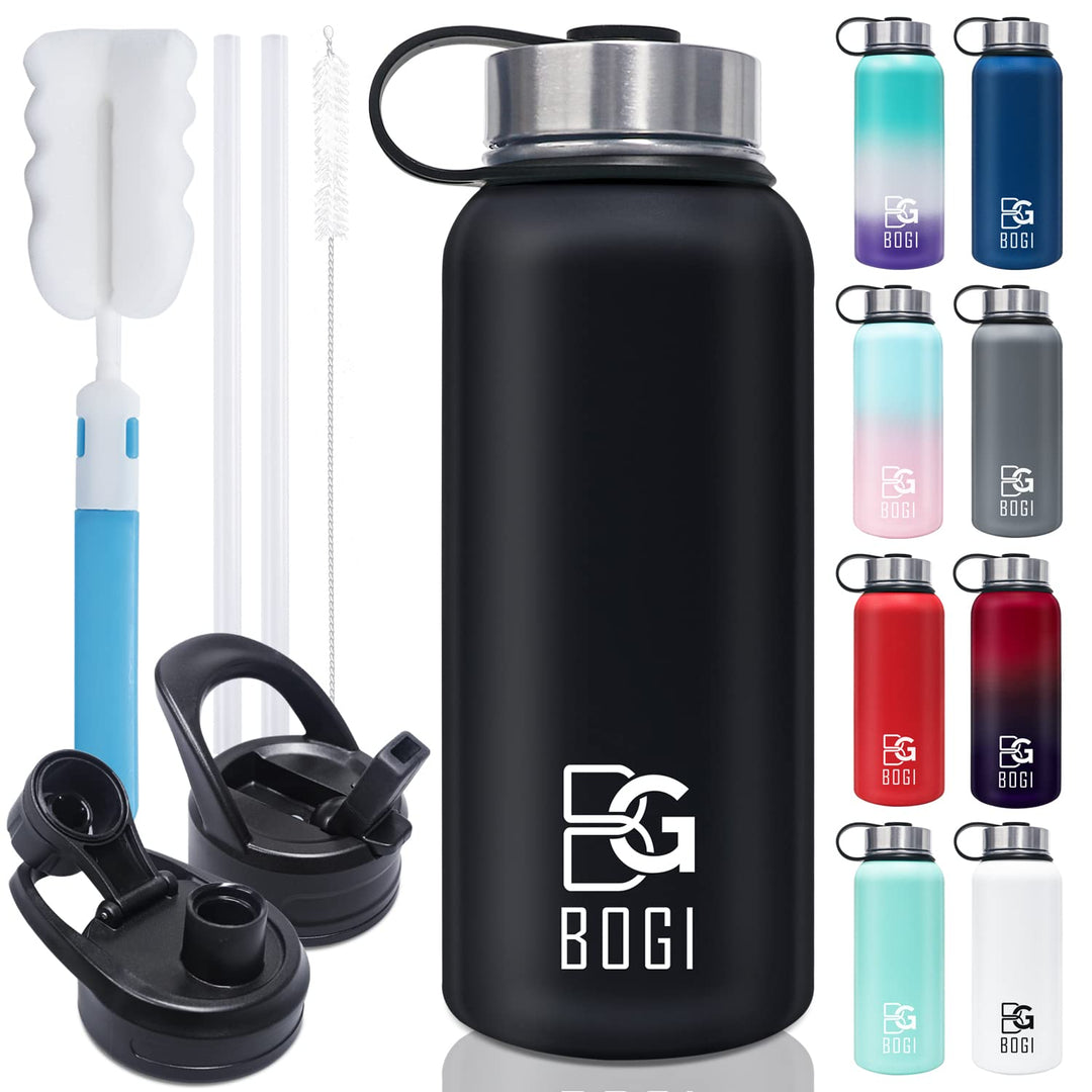 BOGI 32oz Insulated Water Bottle, Double Wall Vacuum Stainless Steel Water Bottle with Straw and 3 Lids, Sweat-Proof Wide Mouth Metal Water Bottle Keeps Hot or Cold for Sports Gym Office (Dark Red)