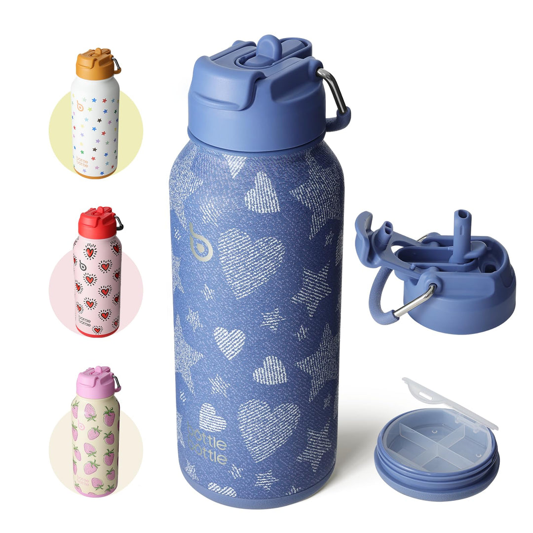 BOTTLE BOTTLE Insulated Water Bottle 950ml(32oz) Stainless Steel Sports Water Bottles with Straw Dual-use Lid Drink Flask Design for Gym with Pill Box (denim beats)