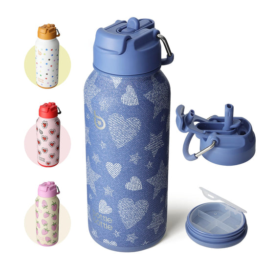BOTTLE BOTTLE Insulated Water Bottle 950ml(32oz) Stainless Steel Sports Water Bottles with Straw Dual-use Lid Drink Flask Design for Gym with Pill Box (denim beats)