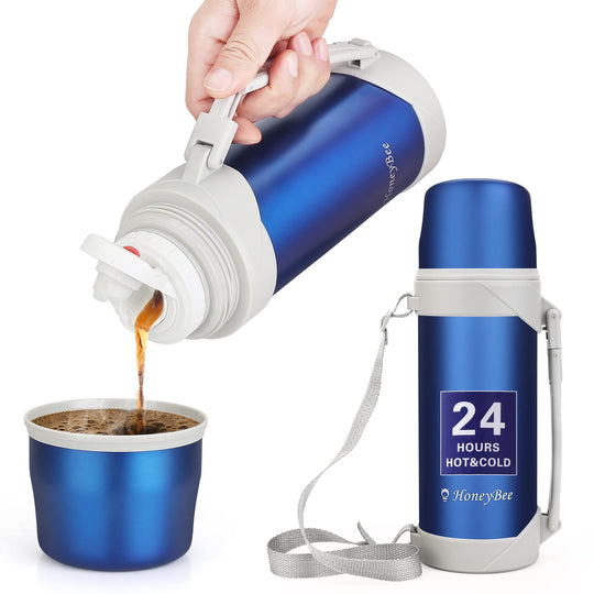 HoneyBee Vacuum Insulated Bottle Coffee Thermo,41 Ounce, for Hot Drinks.Keep Liquid Hot or Cold 24 Hours.Perfect Size Cleaning Brush.Portable.（ Blue）