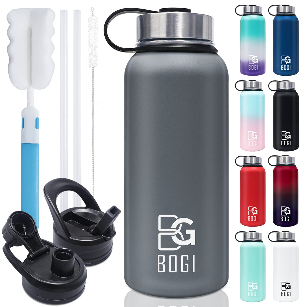 BOGI 32oz Insulated Water Bottle, Double Wall Vacuum Stainless Steel Water Bottle with Straw and 3 Lids, Sweat-Proof Wide Mouth Metal Water Bottle Keeps Hot or Cold for Sports Gym Office (Dark Red)