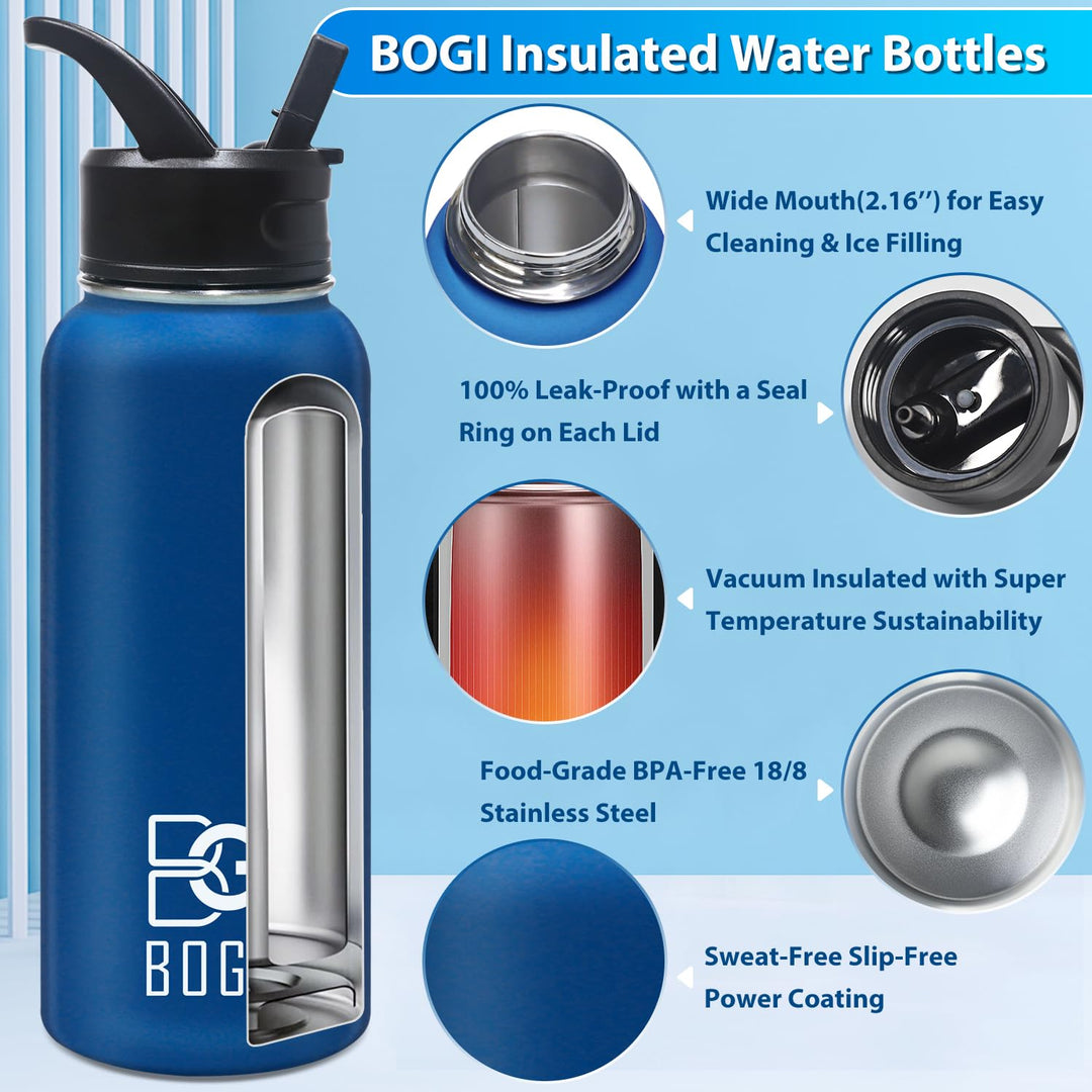 BOGI 32oz Insulated Water Bottle, Double Wall Vacuum Stainless Steel Water Bottle with Straw and 3 Lids, Sweat-Proof Wide Mouth Metal Water Bottle Keeps Hot or Cold for Sports Gym Office (Dark Red)