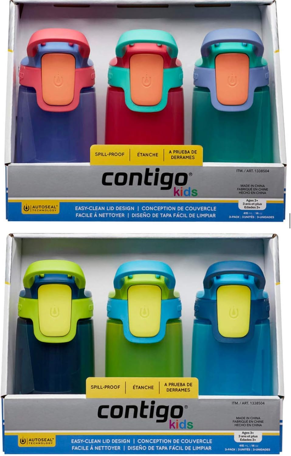Contigo flasks Navy/Green/Blue Autoseal Sip Kids 415ml Water Bottles, 3 Pack