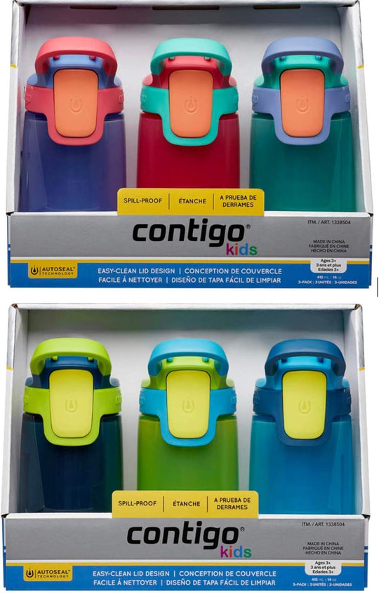 Contigo flasks Navy/Green/Blue Autoseal Sip Kids 415ml Water Bottles, 3 Pack