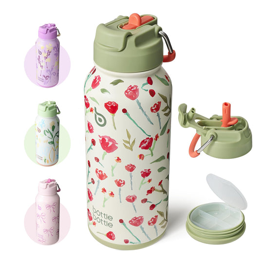 BOTTLE BOTTLE Insulated Water Bottle 950ml(32oz) Stainless Steel Sports Water Bottles with Straw Dual-use Lid Drink Flask Design for Gym with Pill Box (denim beats)