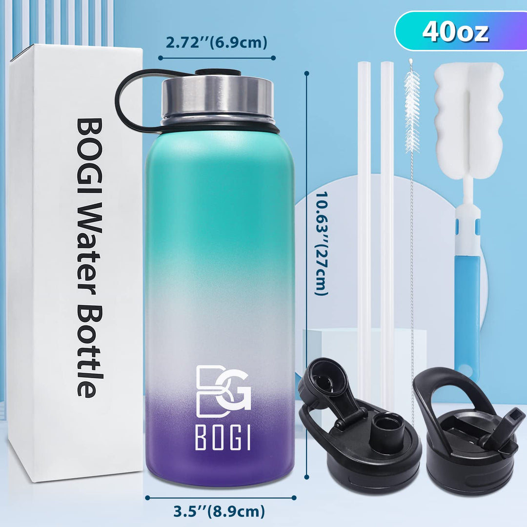 BOGI 32oz Insulated Water Bottle, Double Wall Vacuum Stainless Steel Water Bottle with Straw and 3 Lids, Sweat-Proof Wide Mouth Metal Water Bottle Keeps Hot or Cold for Sports Gym Office (Dark Red)