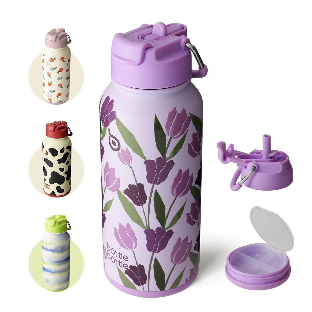 BOTTLE BOTTLE Insulated Water Bottle 950ml(32oz) Stainless Steel Sports Water Bottles with Straw Dual-use Lid Drink Flask Design for Gym with Pill Box (denim beats)