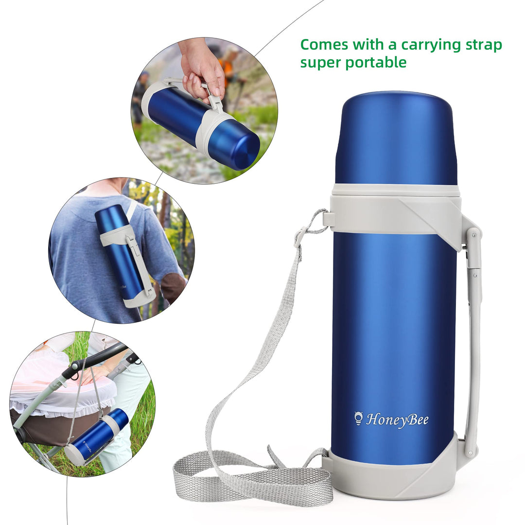 HoneyBee Vacuum Insulated Bottle Coffee Thermo,41 Ounce, for Hot Drinks.Keep Liquid Hot or Cold 24 Hours.Perfect Size Cleaning Brush.Portable.（ Blue）