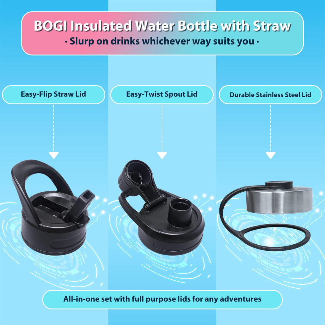 BOGI 32oz Insulated Water Bottle, Double Wall Vacuum Stainless Steel Water Bottle with Straw and 3 Lids, Sweat-Proof Wide Mouth Metal Water Bottle Keeps Hot or Cold for Sports Gym Office (Dark Red)