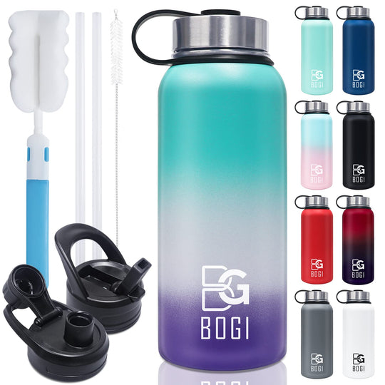 BOGI 32oz Insulated Water Bottle, Double Wall Vacuum Stainless Steel Water Bottle with Straw and 3 Lids, Sweat-Proof Wide Mouth Metal Water Bottle Keeps Hot or Cold for Sports Gym Office (Dark Red)