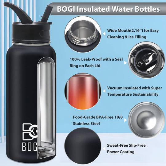 BOGI 32oz Insulated Water Bottle, Double Wall Vacuum Stainless Steel Water Bottle with Straw and 3 Lids, Sweat-Proof Wide Mouth Metal Water Bottle Keeps Hot or Cold for Sports Gym Office (Dark Red)