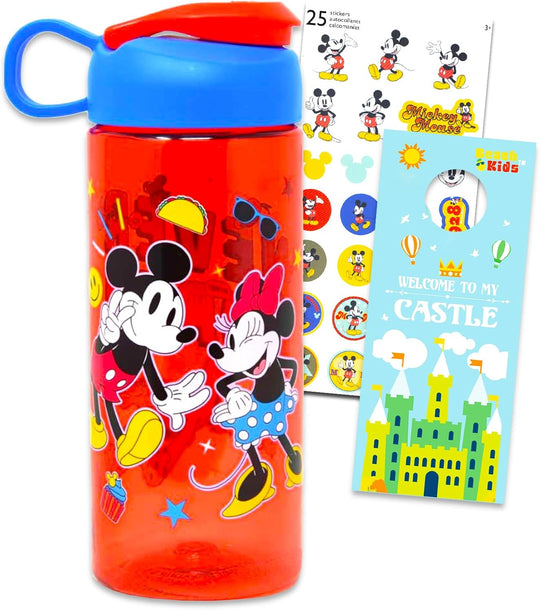 Mickey and Minnie Water Bottle for Kids, Girls, Boys - 3 Pc Disney School Supplies Bundle with Mickey Drinking Bottle Plus Tattoos and More | Disney Drinking Cups for Kids