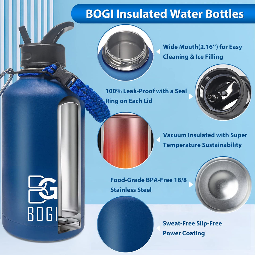 BOGI 32oz Insulated Water Bottle, Double Wall Vacuum Stainless Steel Water Bottle with Straw and 3 Lids, Sweat-Proof Wide Mouth Metal Water Bottle Keeps Hot or Cold for Sports Gym Office (Dark Red)